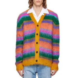 2022 Custom OEM & ODM mohair men sweater Fuzzy designer knitwear winter Striped mohair knitted custom Cardigan knit sweater men