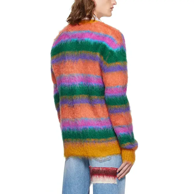 2022 Custom OEM & ODM mohair men sweater Fuzzy designer knitwear winter Striped mohair knitted custom Cardigan knit sweater men