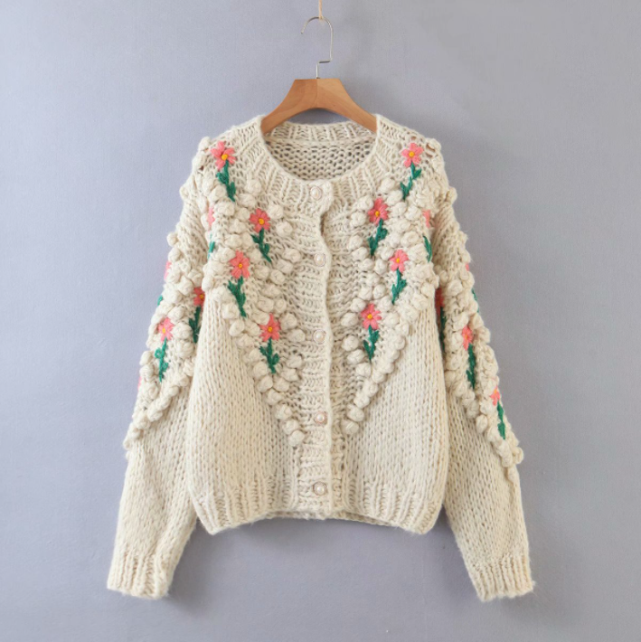 2023 New Design Custom Hand Knitted Fuzzy Pearl Button Cardigan Embroidered Crochet Plus Size Women Sweaters crochet top