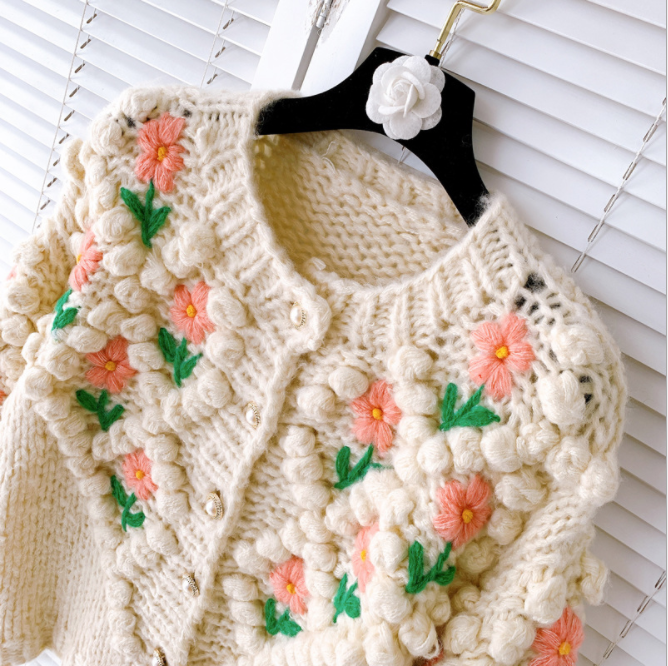 2023 New Design Custom Hand Knitted Fuzzy Pearl Button Cardigan Embroidered Crochet Plus Size Women Sweaters crochet top