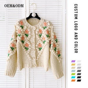 2023 New Design Custom Hand Knitted Fuzzy Pearl Button Cardigan Embroidered Crochet Plus Size Women Sweaters crochet top