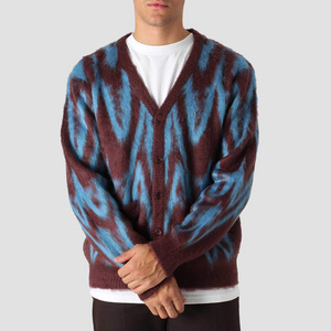 Spring High Quality Custom Angora Wave Pattern Knitted Jacquard Design Men's Cardigan Sweater