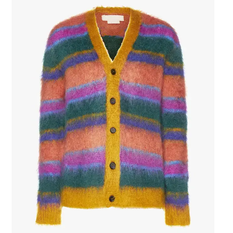 2022 Custom OEM & ODM mohair men sweater Fuzzy designer knitwear winter Striped mohair knitted custom Cardigan knit sweater men