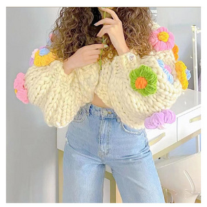 cute tops Knitting Plus Size Flower Thick Chunky Design Women'S Handmade Girls Woolen Cropped Crocheted Crochet Cardigan Sweater