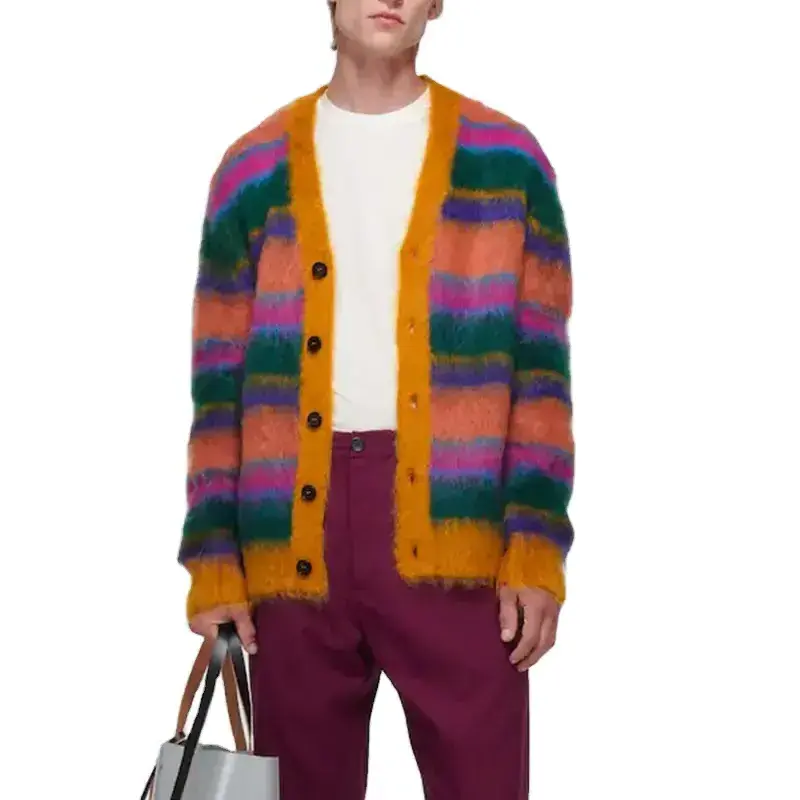 2022 Custom OEM & ODM mohair men sweater Fuzzy designer knitwear winter Striped mohair knitted custom Cardigan knit sweater men