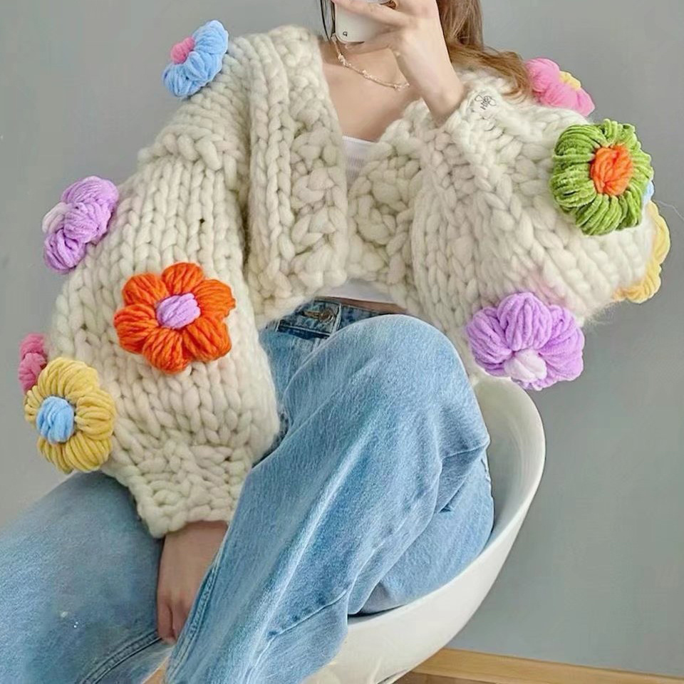 cute tops Knitting Plus Size Flower Thick Chunky Design Women'S Handmade Girls Woolen Cropped Crocheted Crochet Cardigan Sweater