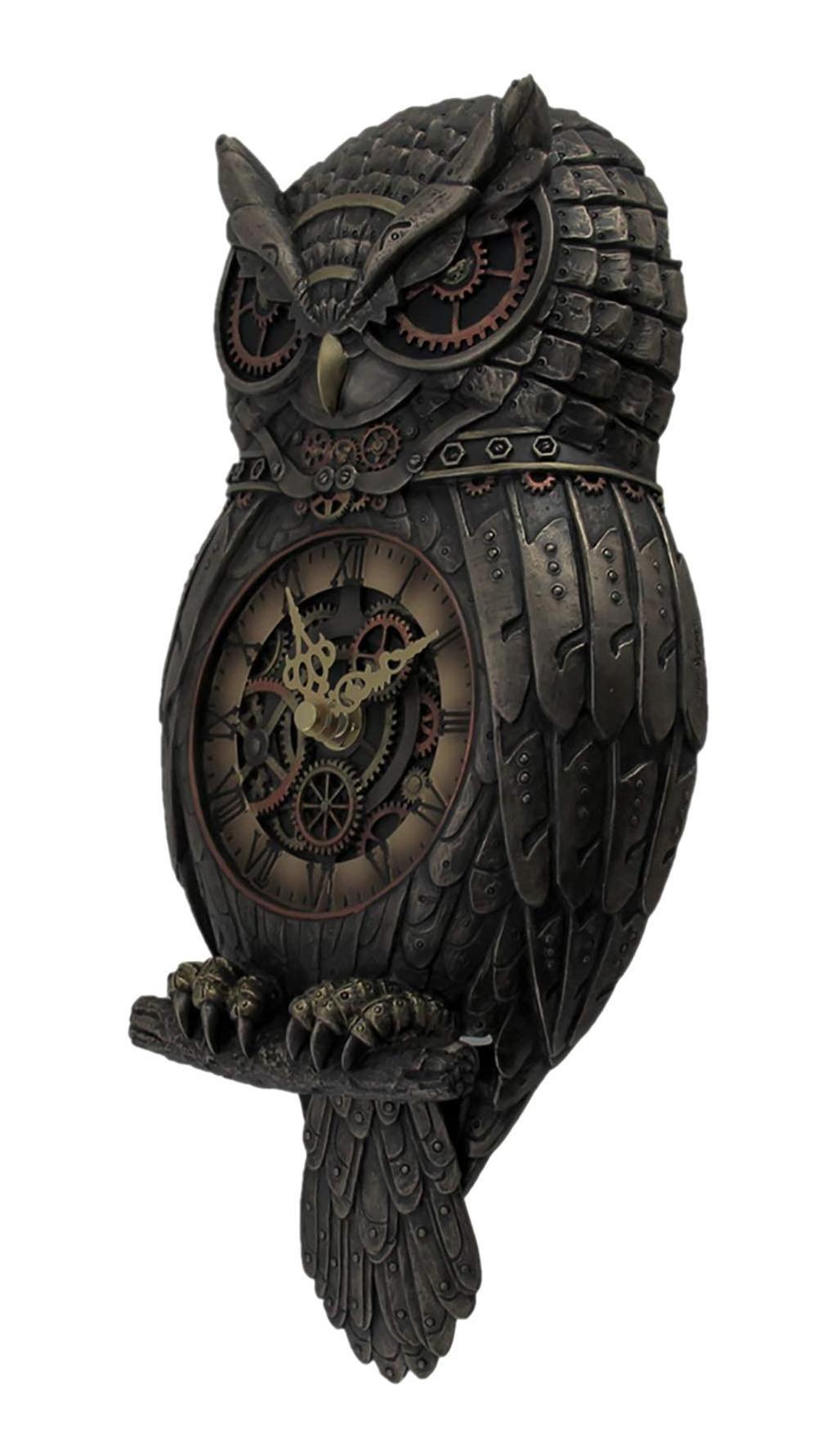 Cold Cast Resin Antique Bronze Steampunk Owl Pendulum Wall Clock owl figurine statue