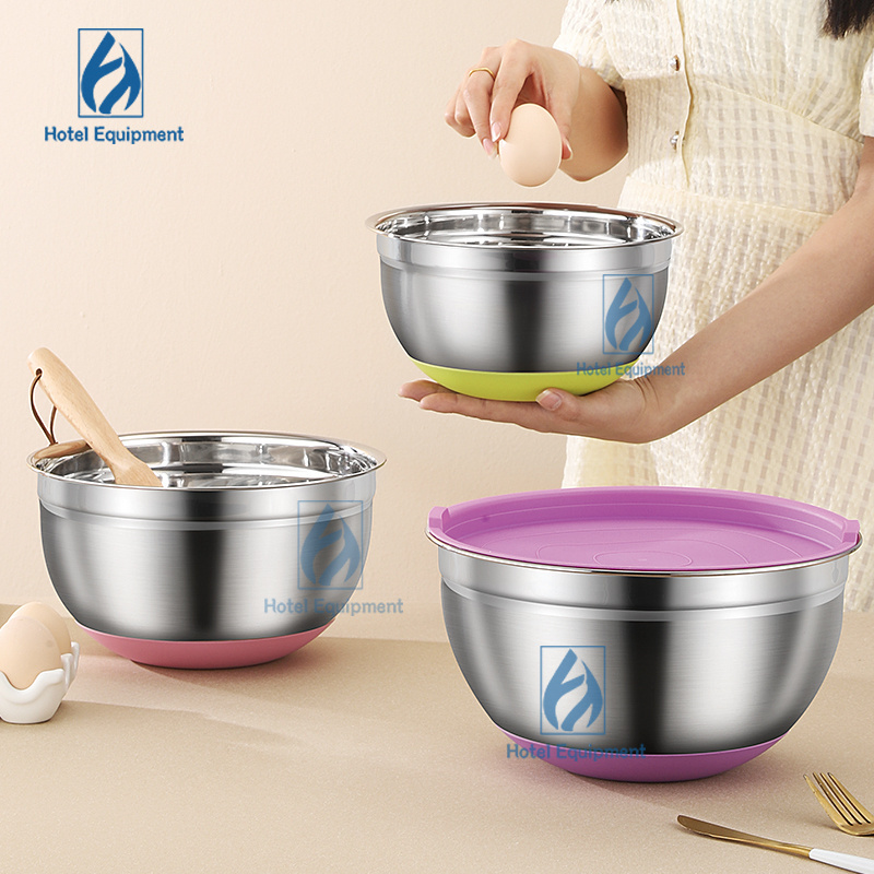 Stainless Steel 201 Salad Bowl Restaurant Mixing Round Bowl Kitchen Fruit Bowl with Colorful Lid