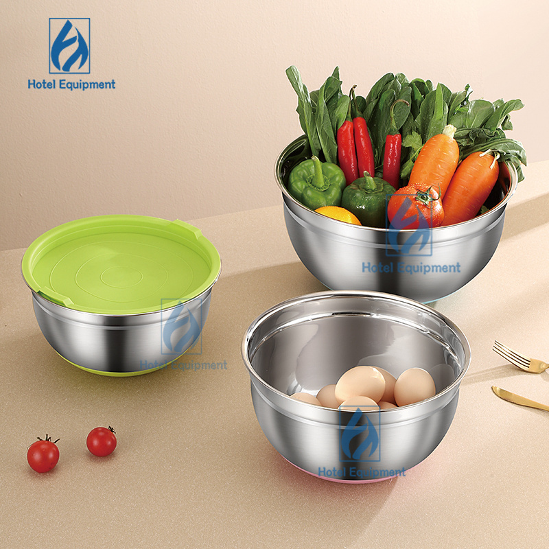 Stainless Steel 201 Salad Bowl Restaurant Mixing Round Bowl Kitchen Fruit Bowl with Colorful Lid