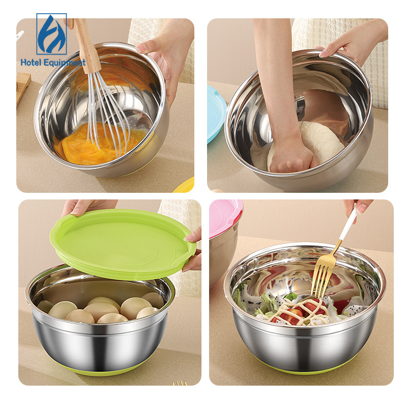 Stainless Steel 201 Salad Bowl Restaurant Mixing Round Bowl Kitchen Fruit Bowl with Colorful Lid