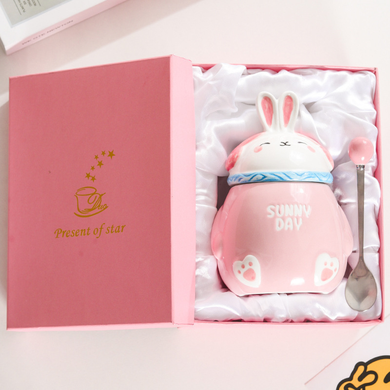 YOUTAI cute creative large capacity ceramic mug with rabbit head lid and spoon packaged in a gift box