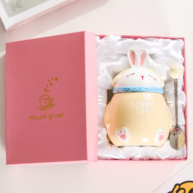 YOUTAI cute creative large capacity ceramic mug with rabbit head lid and spoon packaged in a gift box