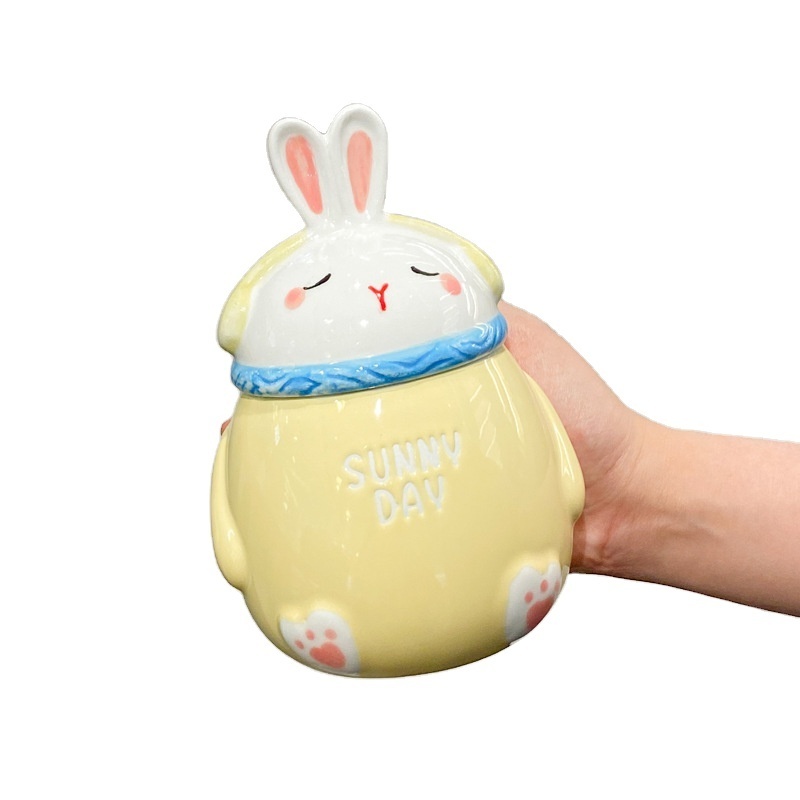 YOUTAI cute creative large capacity ceramic mug with rabbit head lid and spoon packaged in a gift box