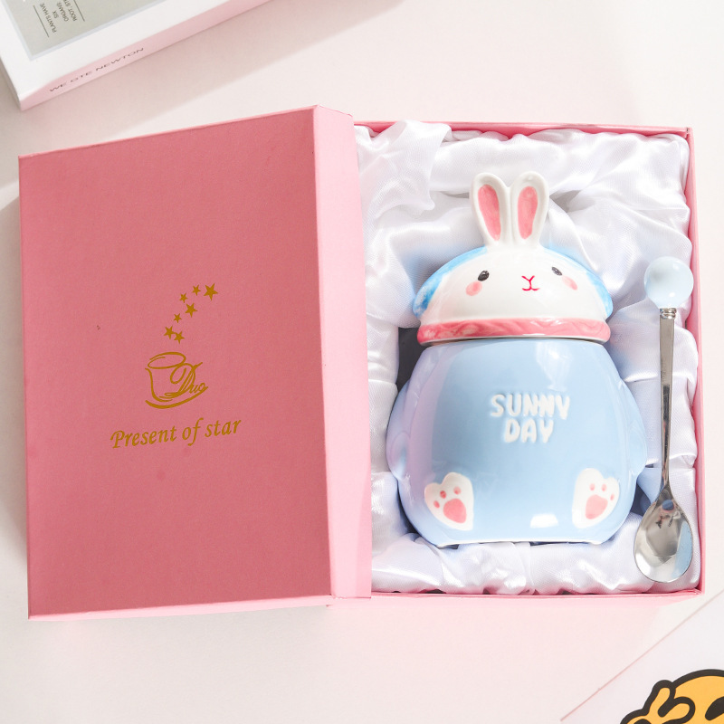 YOUTAI cute creative large capacity ceramic mug with rabbit head lid and spoon packaged in a gift box