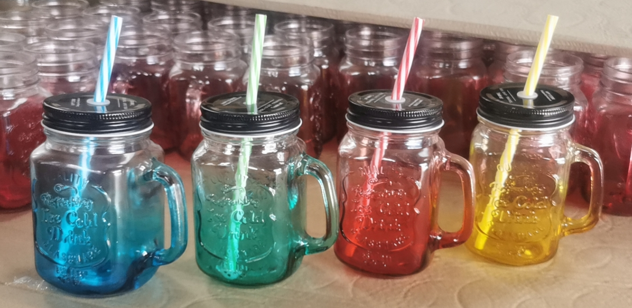 Customized gradient engraved color wide mouth square  juice  drinking handle glass Mason jar