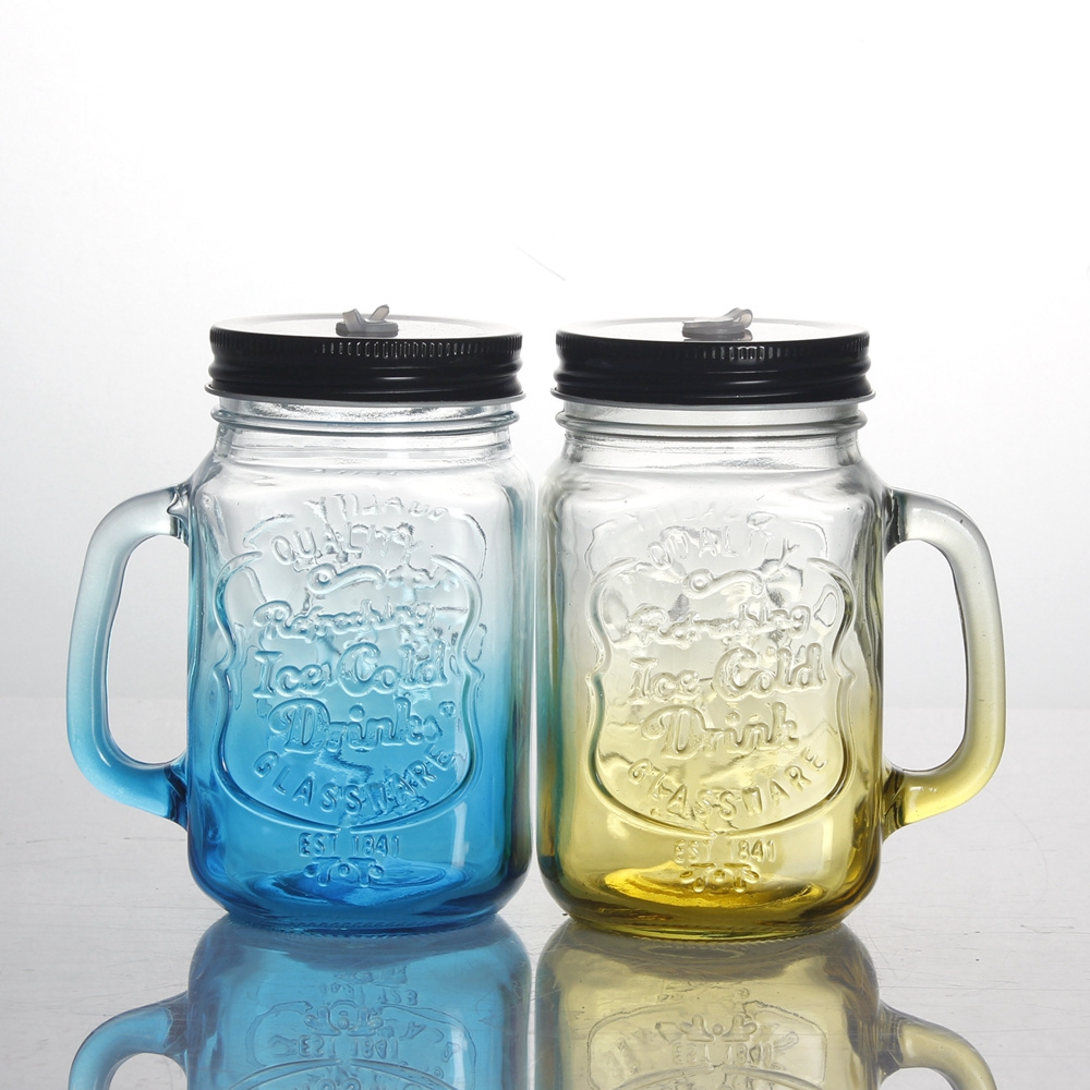 Customized gradient engraved color wide mouth square  juice  drinking handle glass Mason jar