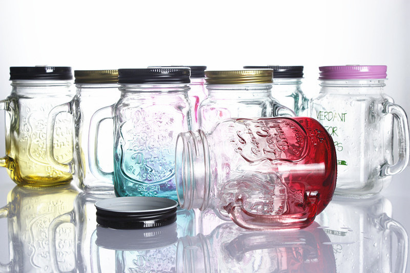 Customized gradient engraved color wide mouth square  juice  drinking handle glass Mason jar