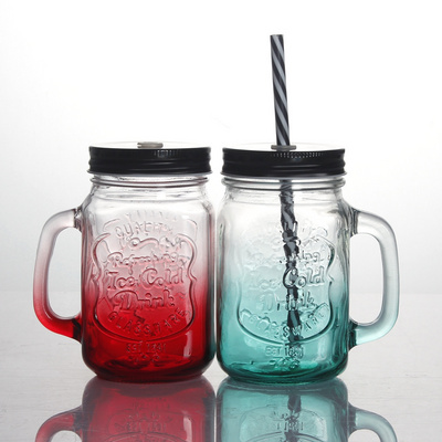 Customized gradient engraved color wide mouth square  juice  drinking handle glass Mason jar