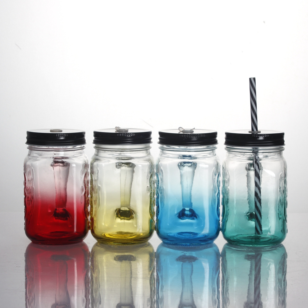 Customized gradient engraved color wide mouth square  juice  drinking handle glass Mason jar