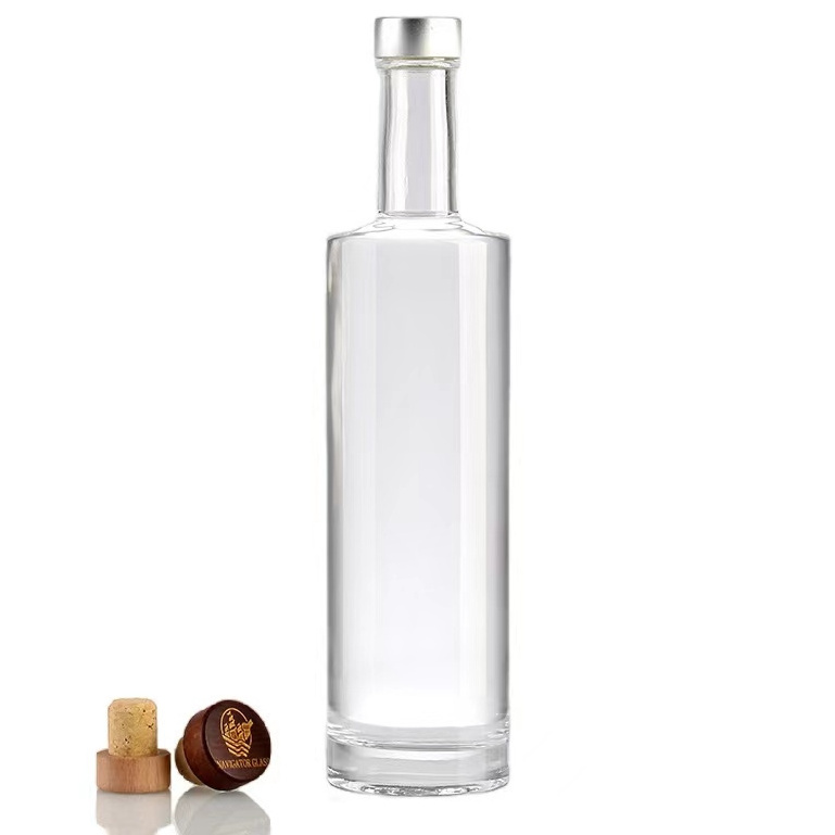 Wholesale Custom Flint Clear Round Classical Empty Brandy Gin Rum Vodka Tequila Liquor Glass Bottle with Cork Stopper