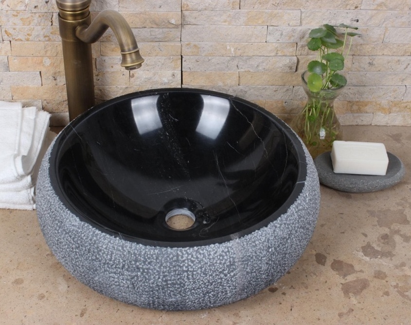 Modern Over Counter Hand Wash Basin Black Natural Marble Stone Bathroom Sink For Hotel