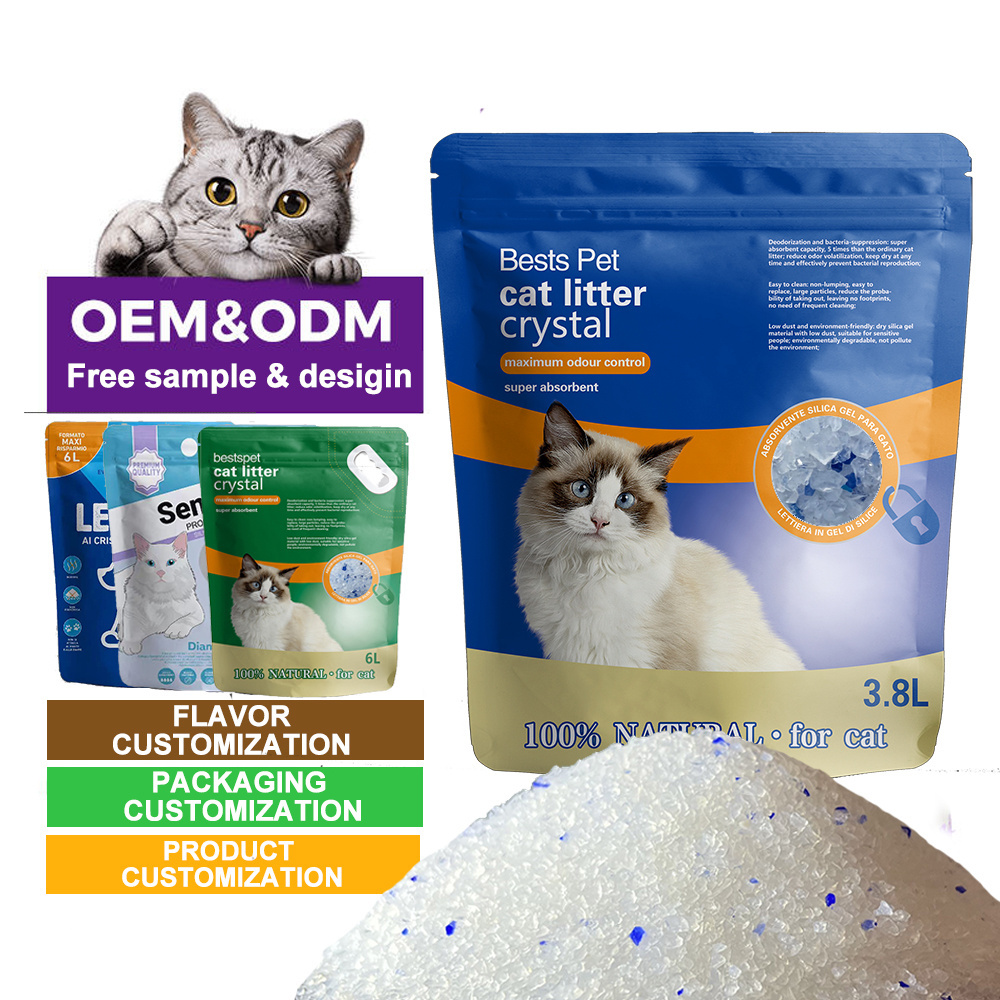 Factory custom packing Premium Blue Crystal Cat Litter non- toxic Absorbs Odors Low Tracking  Lightly Scented Crystal Cat Litter