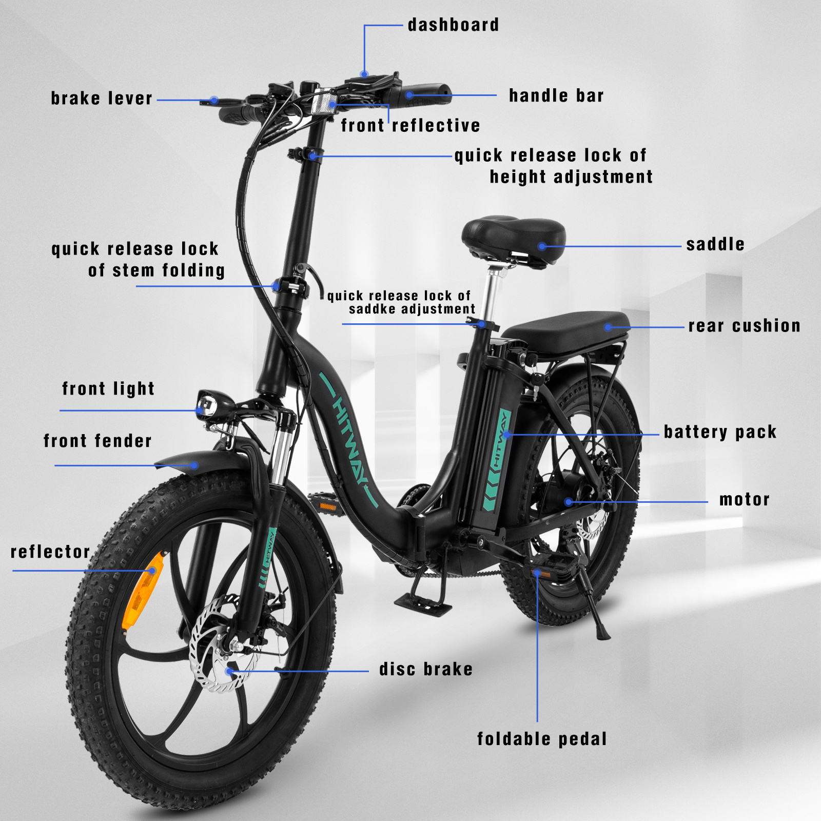 HITWAY EU Warehouse 36V 250W Lithium Battery Mountain Electric Bike 20inch Fat Tire Electric Bicycle