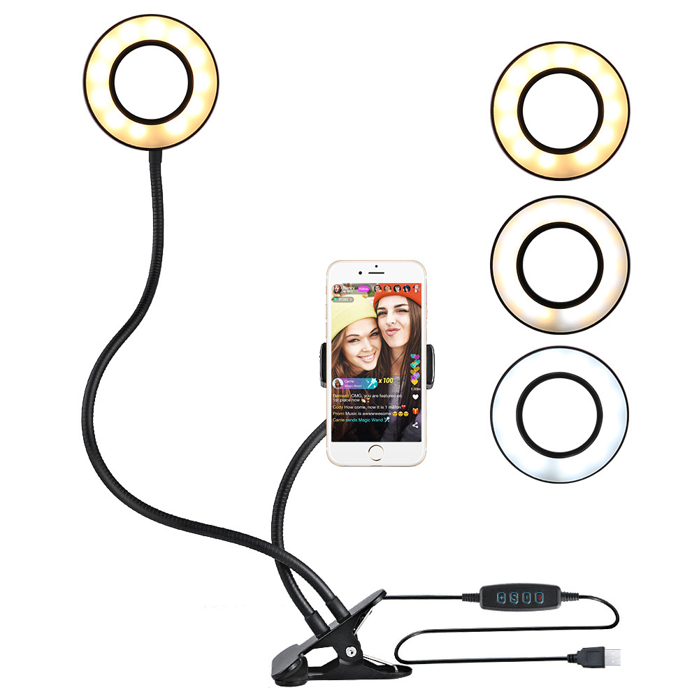 Selfie Flash Ring Light + Mobile Phone Holder 24 LED Camera 2 in 1 360 Degree Long Arm USB Clip On for Live Stream