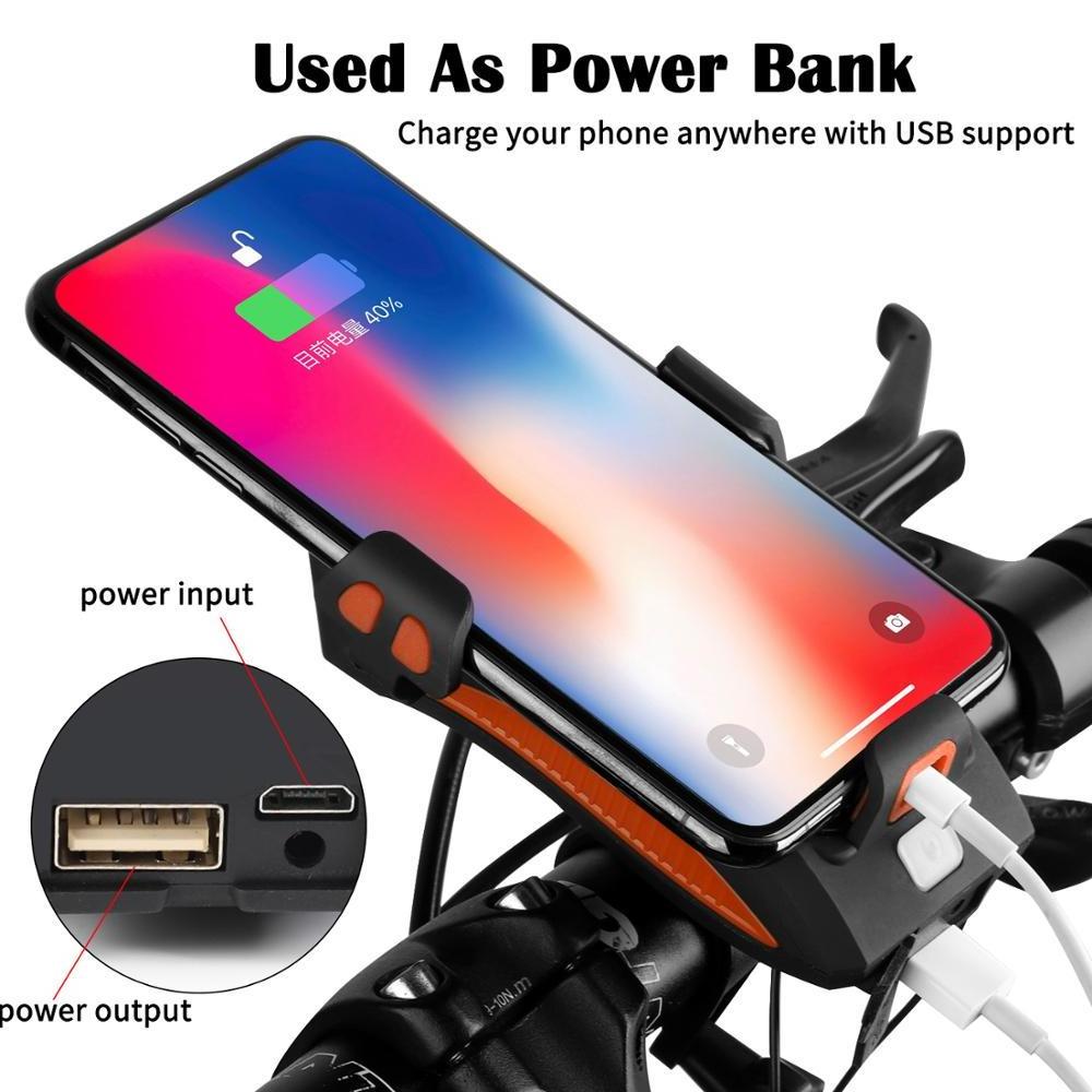 2021 Bicycle Accessories Rechargeable Led Front Light Bike Headlight Cycling Mobile Phone Stand Motorcycle Horn Lamp Phone Mount