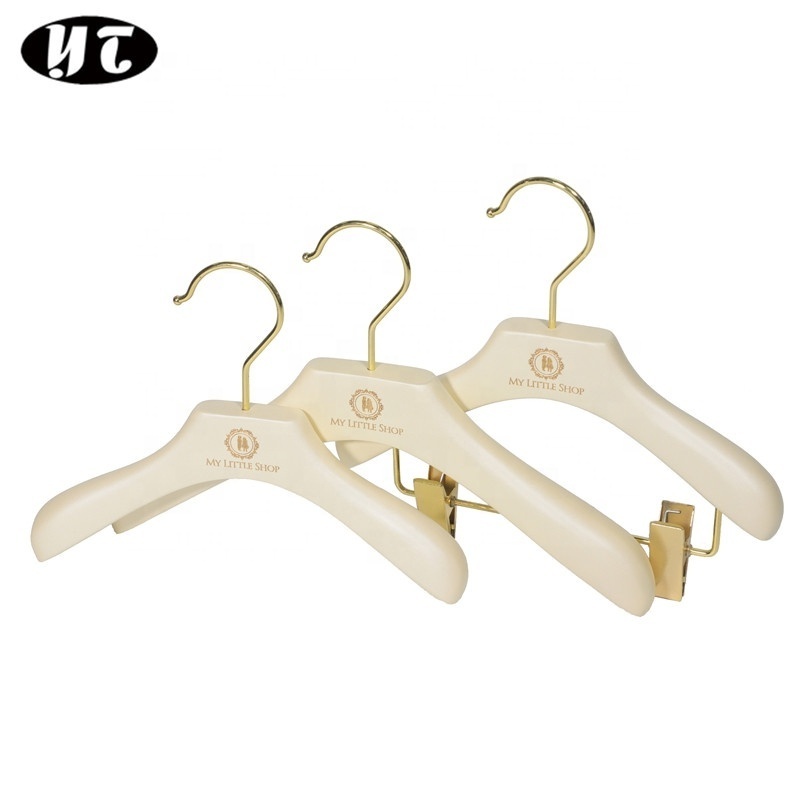 Pearl white custom baby infant wooden clothes hanger rack for kids gold hook hanger with logo