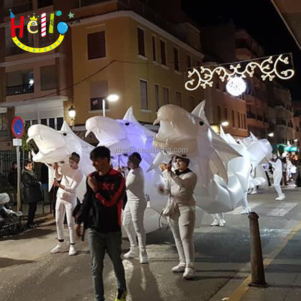 Outdoors street parade LED lighting white inflatable dragon puppet costume