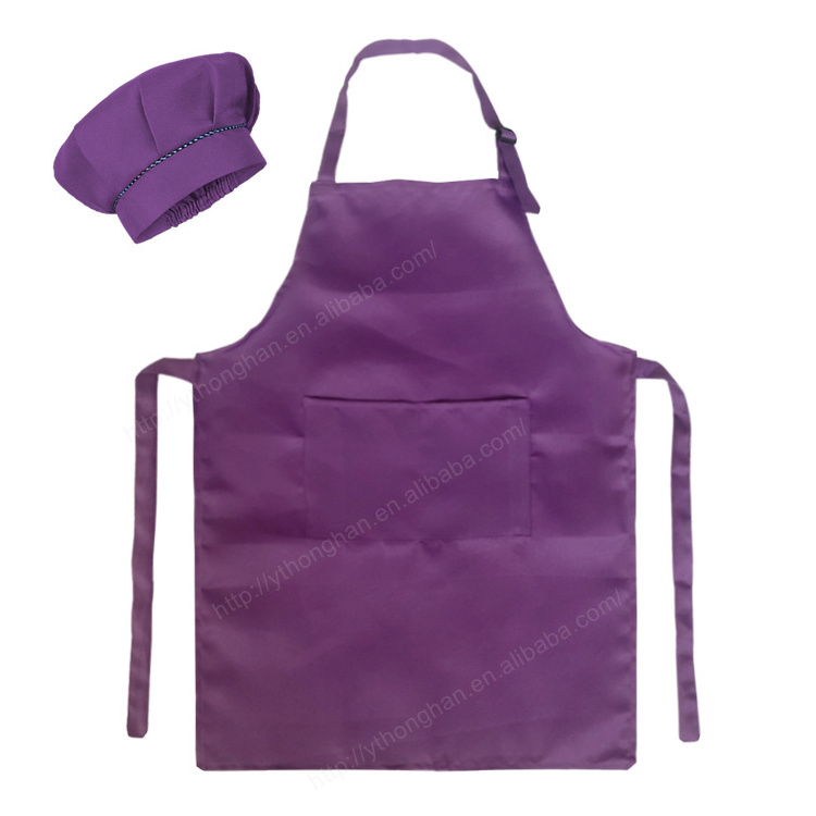 Wholesale Purple Kids Apron and Chef Hat Set ,Adjustable Plain Children Apron for Baking,Cooking,Cleaning,Party