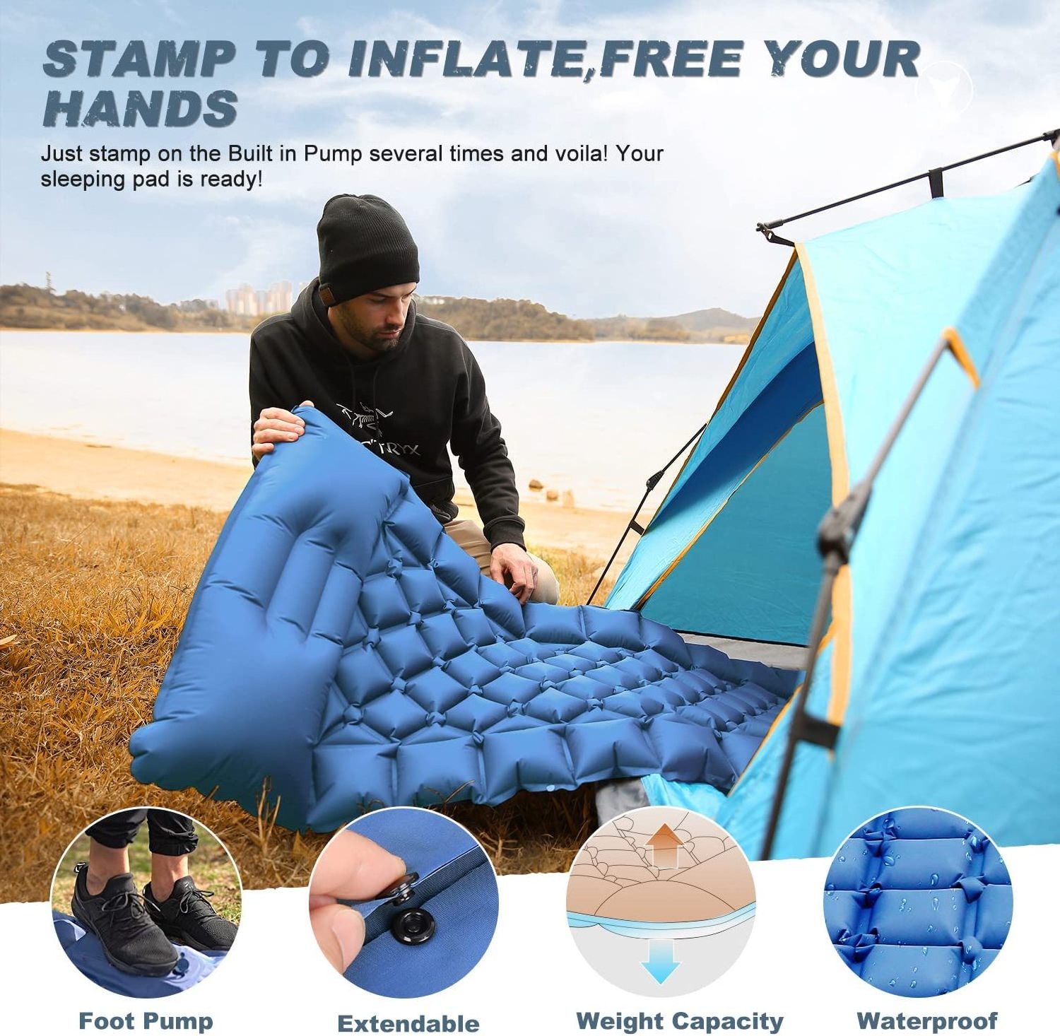 Portable Waterproof Single Compact Ultralight Inflatable Camping Sleeping Pad Foam for Outdoor Beach Hiking