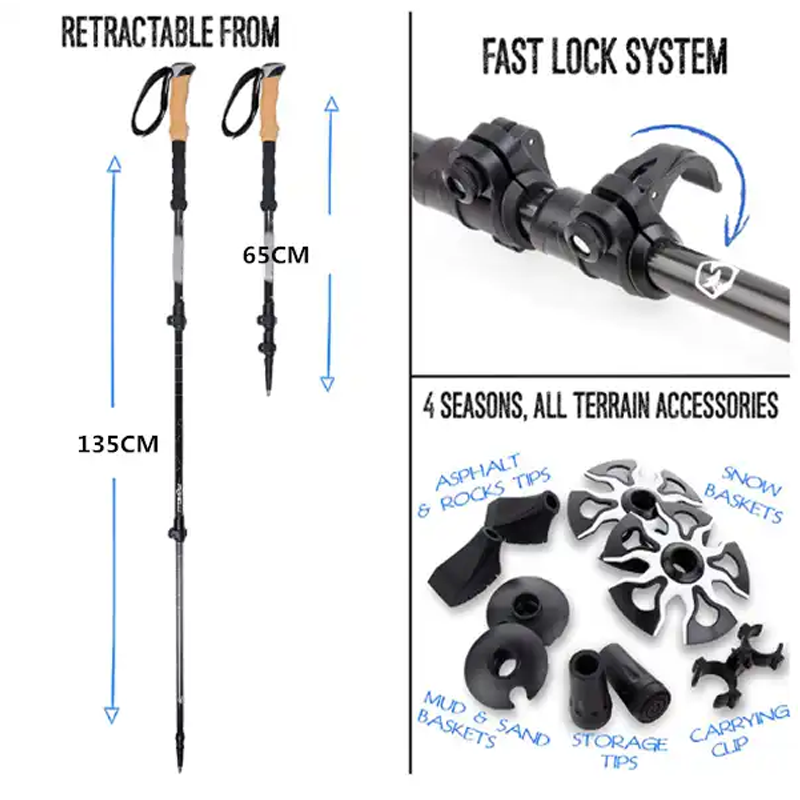 100% Carbon Fiber Nordic Walking Cane Ski Sticks Bastones Trekking Poles Hiking Ultralight 3 Sections for Outdoor