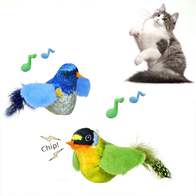 Built In Battery Sound Electric Component Pet Interactive Toys Soft Polyester Bird With Feather Tail Cat Toy