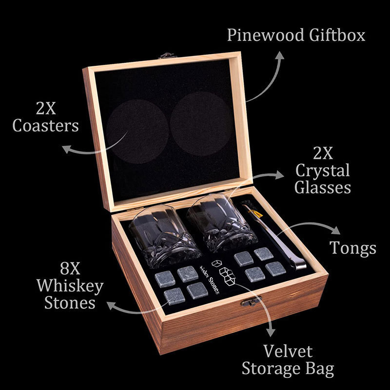 Reusable Stainless Steel Whisky Whiskey Stones Rocks Glasses Set with Wooden Gift Box for Men for Bar Use