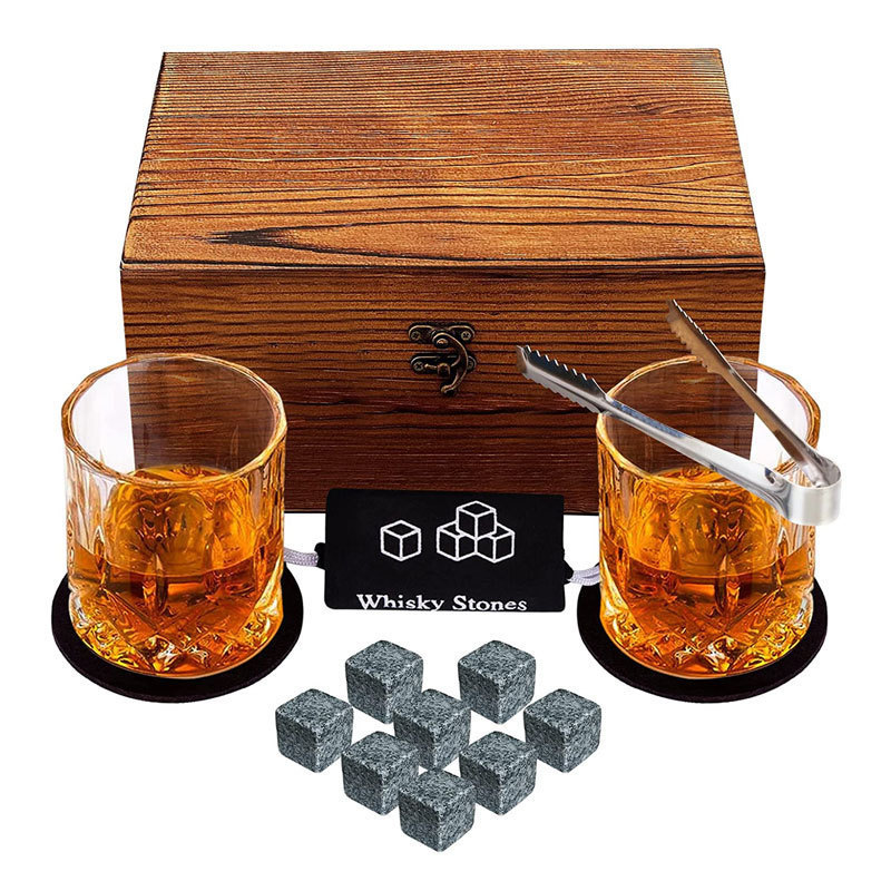 Reusable Stainless Steel Whisky Whiskey Stones Rocks Glasses Set with Wooden Gift Box for Men for Bar Use