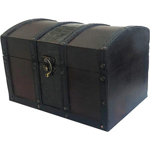 Wood and Leather Treasure Chest Box Decorative Storage Chest Box with Lock