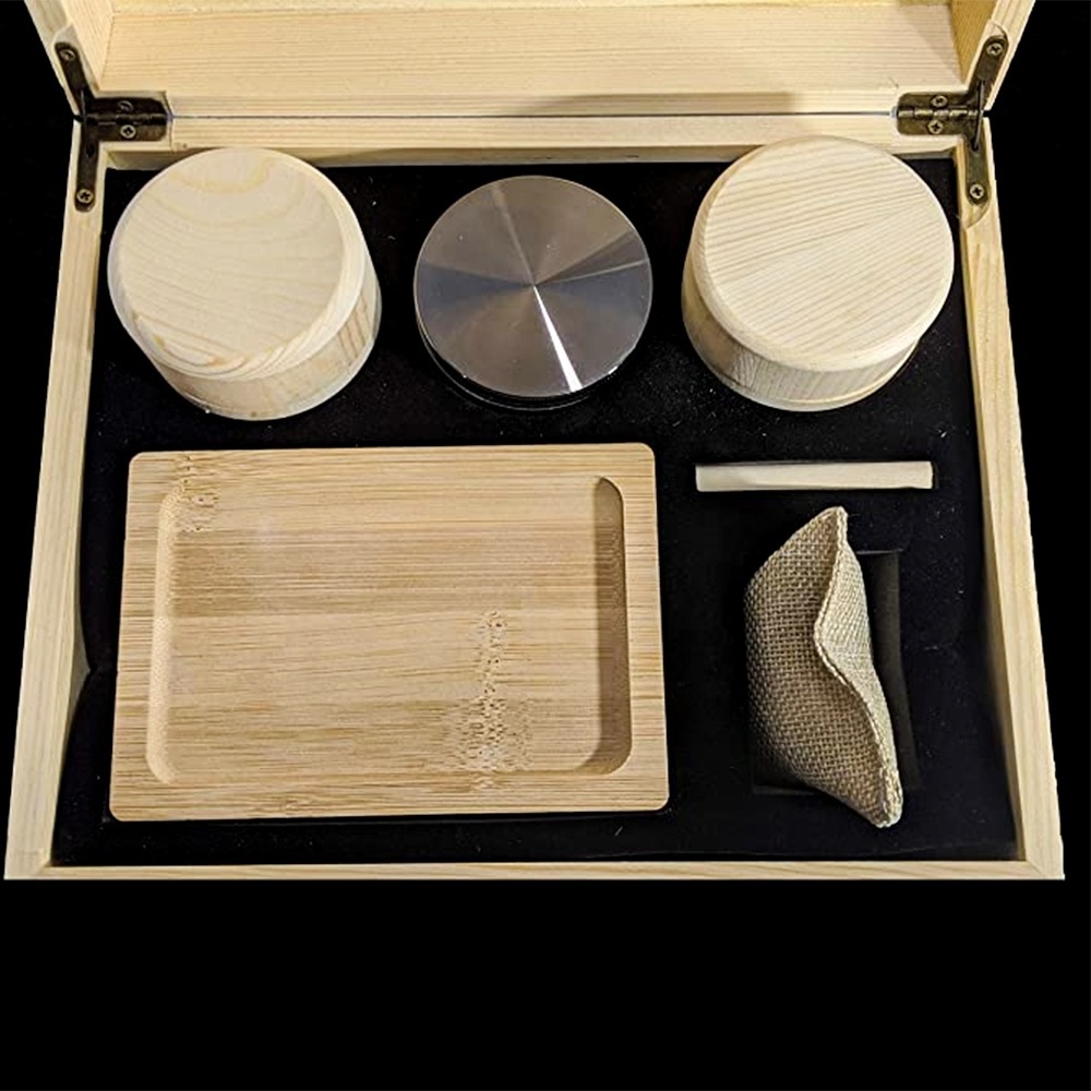 Wood Stash Box Kit with Rolling Tray  Large Stash Box 100% Bamboo Wood Stash Jars Large Tray Packing Stick