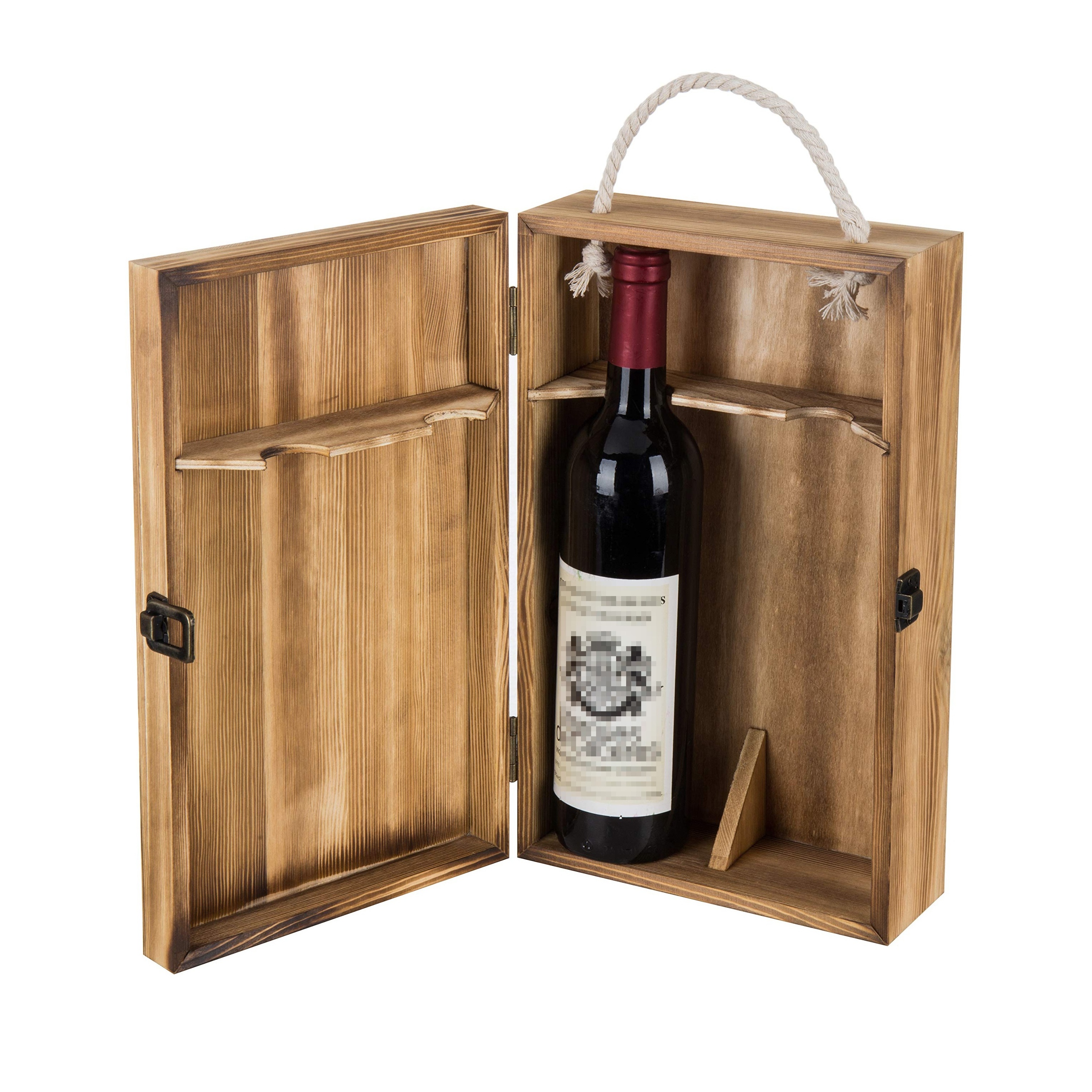 Dark Torched Wood Double Bottle Wine Case Top Handle Hinged Lid Carrier Wood Burning Box