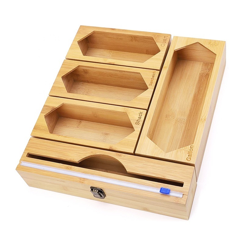 Bamboo Dispenser Bag Holders Wood Black Gold Supplier Black Kitchen Ziplock Bag Food Storage Organizer For Kitchen Drawer