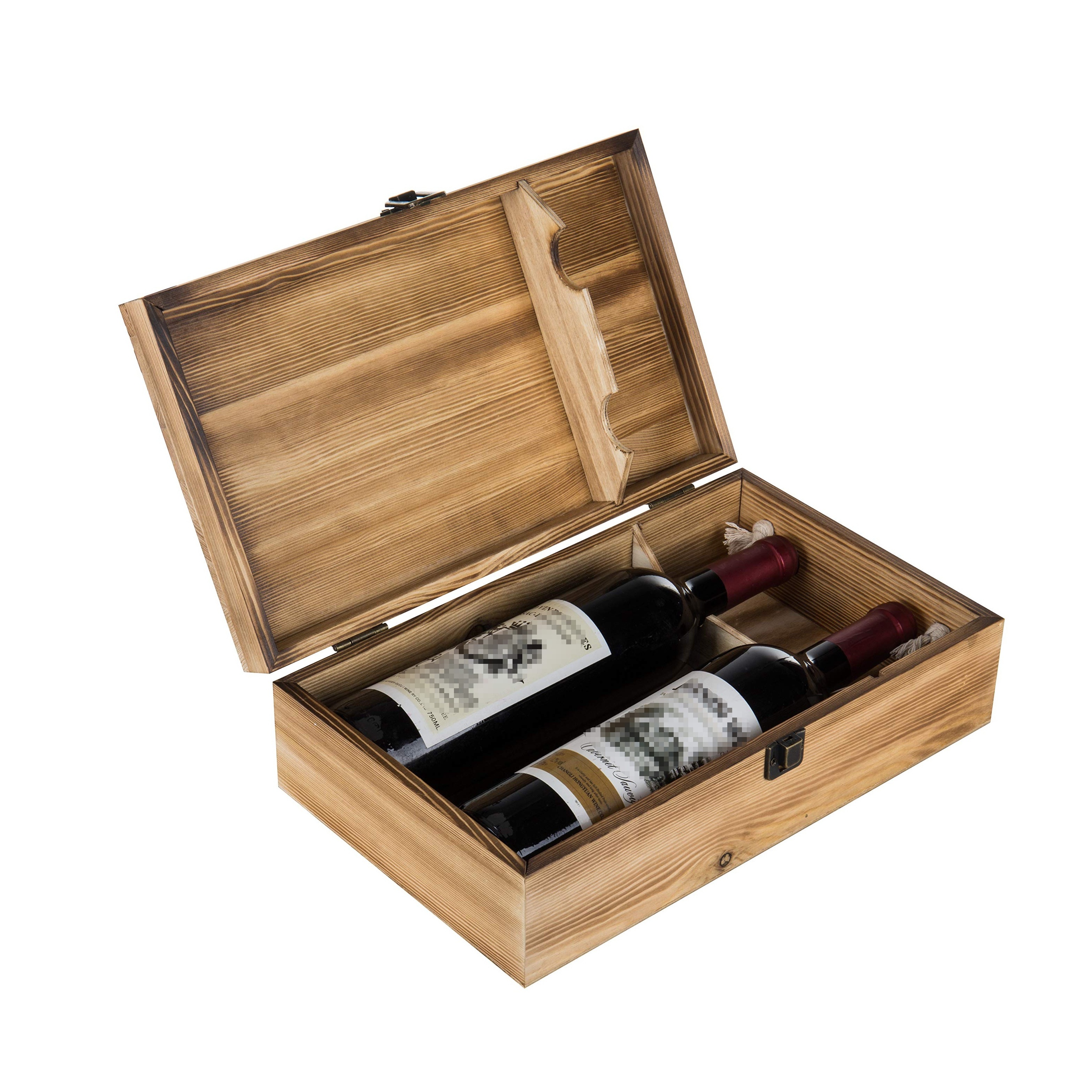 Dark Torched Wood Double Bottle Wine Case Top Handle Hinged Lid Carrier Wood Burning Box