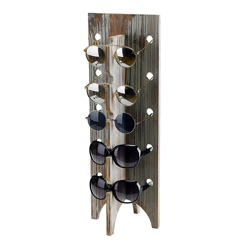 Rustic Torched 5-Pair Wooden Retail Sunglasses Display Stand Eyewear Glasses Rack Solid Wood Eyewear Holder Eyeglass Collections