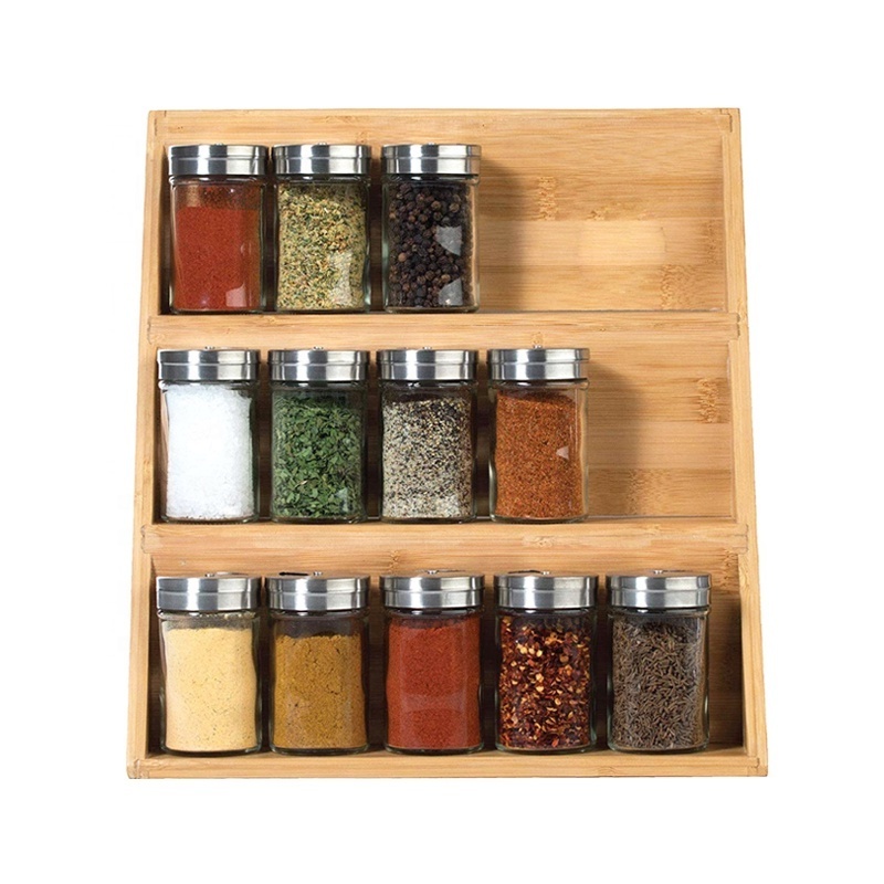 wood drawer 3 Tier seasonings condiments container holder wall mounted kitchen storage organizer bamboo spice racks