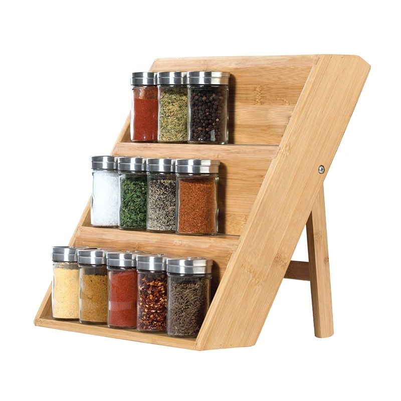 wood drawer 3 Tier seasonings condiments container holder wall mounted kitchen storage organizer bamboo spice racks