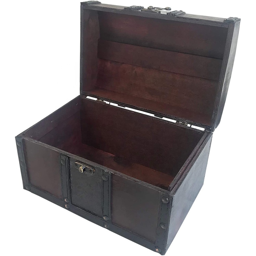 Wood and Leather Treasure Chest Box Decorative Storage Chest Box with Lock