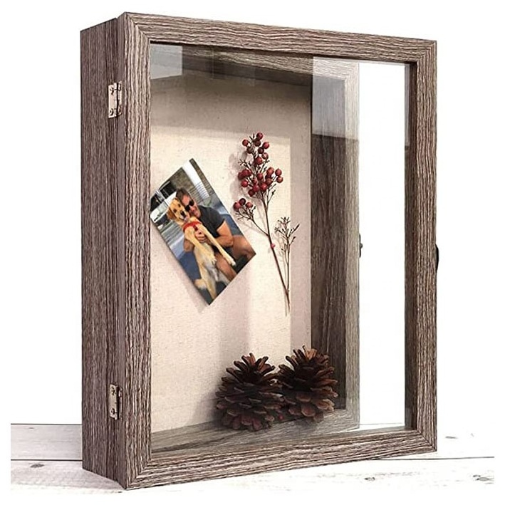 Large rustic style picture display frame with glass window wooden shadow box