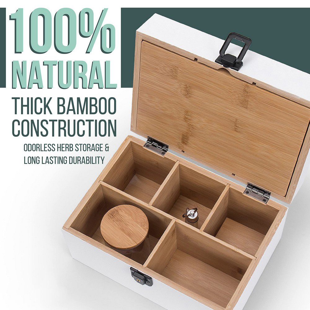 Stylish High Quality Smell Proof Bamboo Box with Leather Carrying Handle and Safety Lock Stash Box Kit