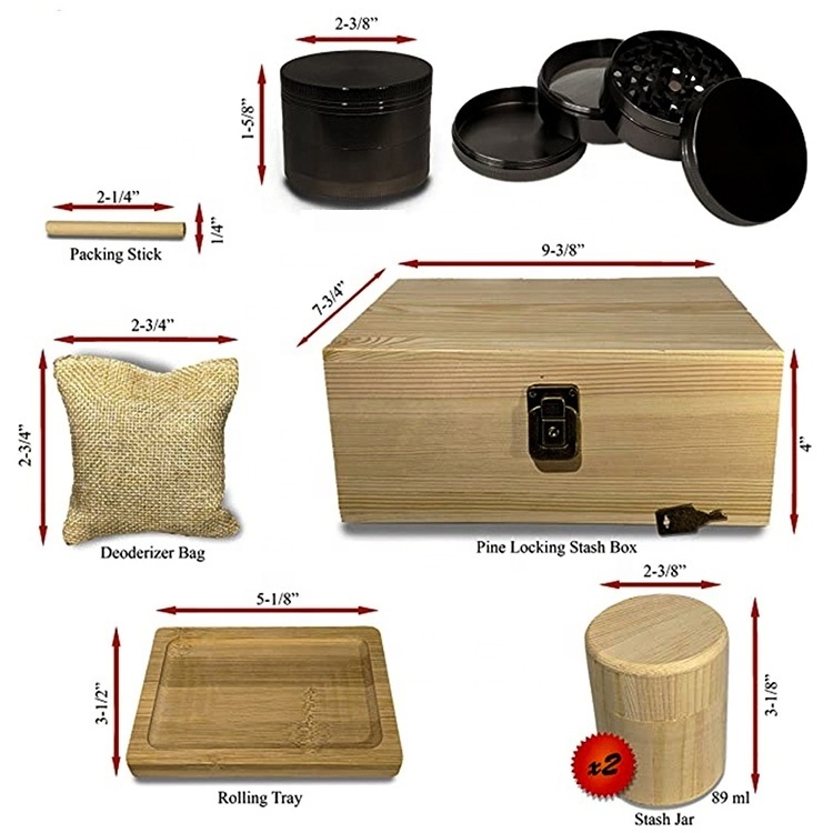 Wood Stash Box Kit with Rolling Tray  Large Stash Box 100% Bamboo Wood Stash Jars Large Tray Packing Stick