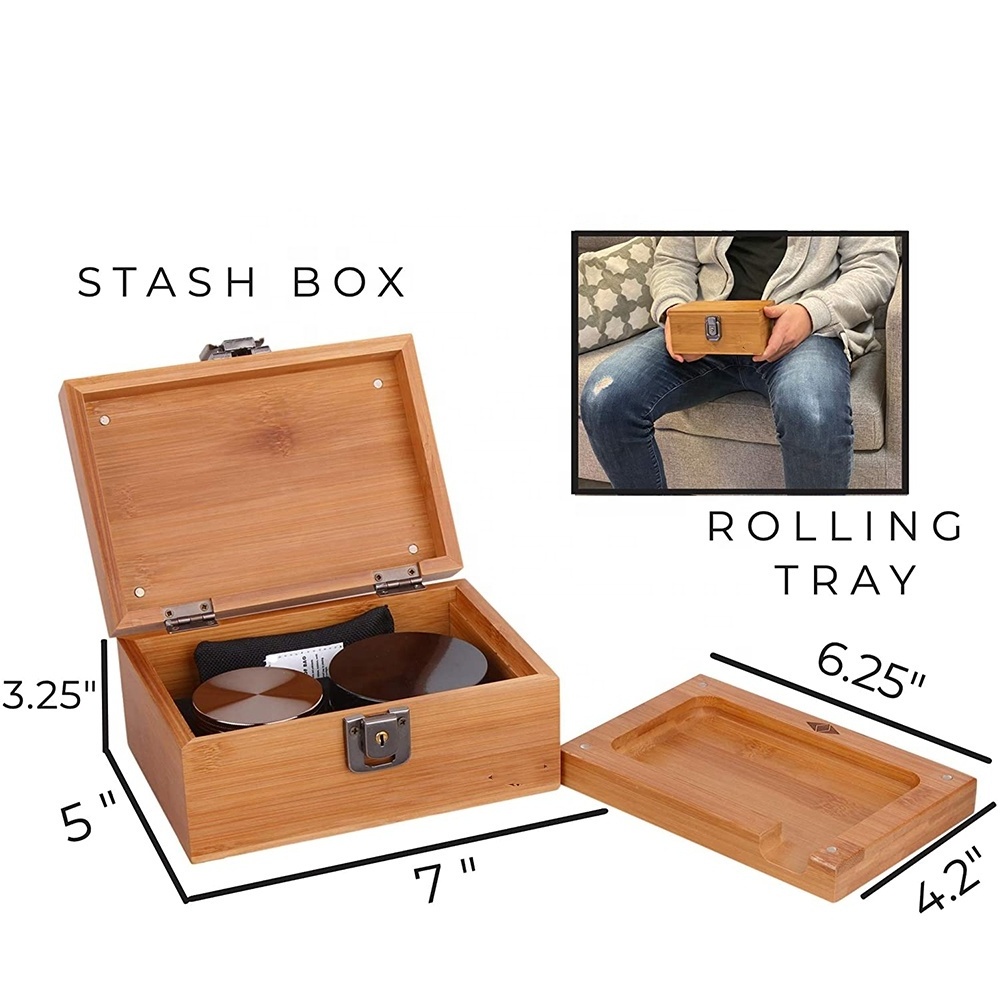 Wooden Stash Box Kit with Lock bamboo Wood Rolling Tray Combo 100 mL Airtight UV Smell Proof Jar Premium